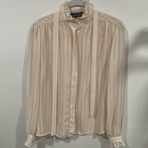 Vintage David Meister Cream Pleated Tie-Neck Blouse